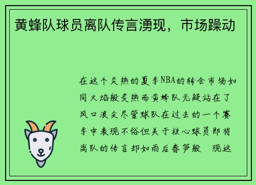 黄蜂队球员离队传言湧现，市场躁动